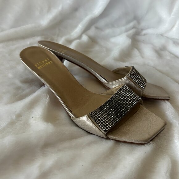 Stuart Weitzman Kitten Heel Slides Womens 6.5 Silver Rhinestones Italy VTG - Picture 6 of 9